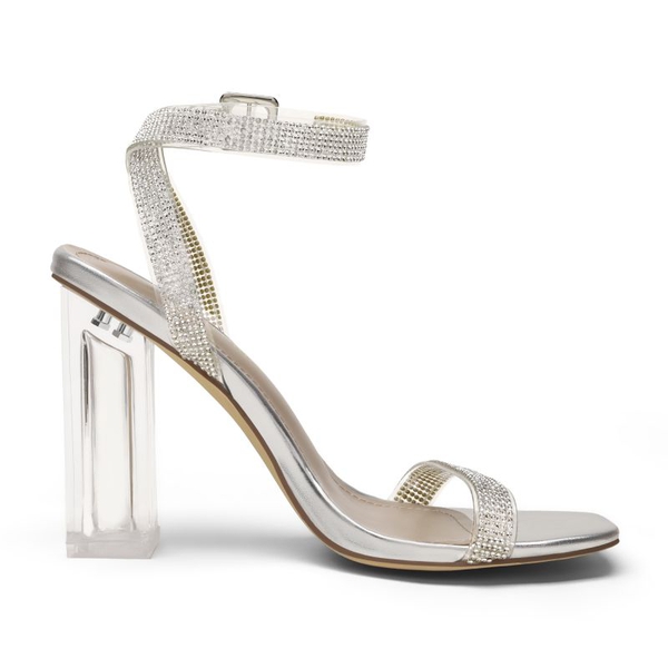Square Toe Clear Chunky Heel Sandals - SILVER CLEAR RHINESTONE - 2